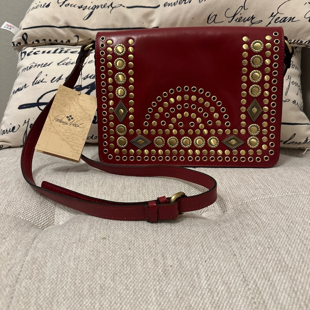 Patricia Nash Preselle Flap Studded Leather Crossbody Bag-Ruby Red-NWT
